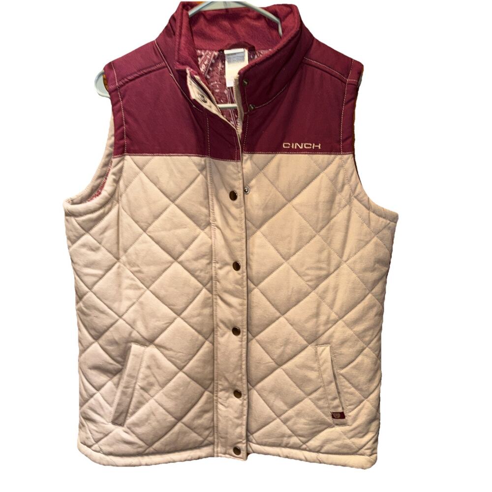 Cinch Vest Mens Size L Burgundy Tan Full Zip Snap Western Quilted Fully Lined